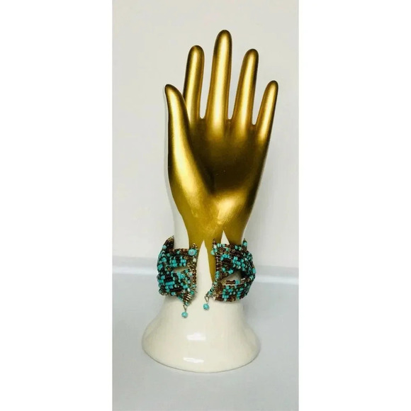 Vintage Womens Teal Brown Spring Open Style Seed Bead Cuff Bracelet Collection - Picture 1 of 7